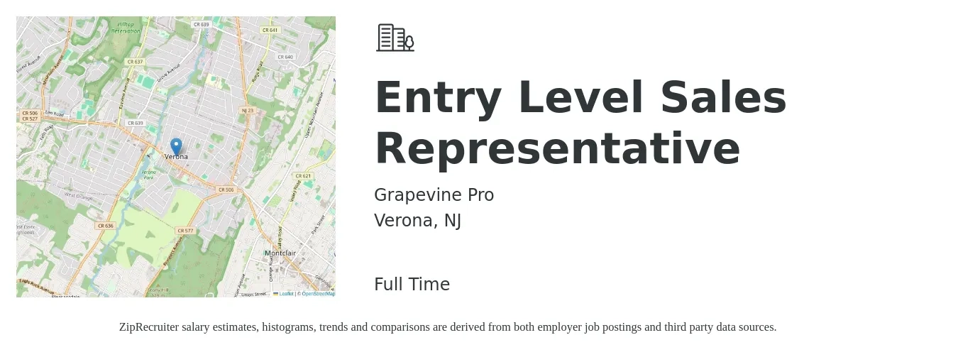 Grapevine Pro job posting for a Entry Level Sales Representative in Verona, NJ with a salary of $45,000 to $65,000 Yearly with a map of Verona location.
