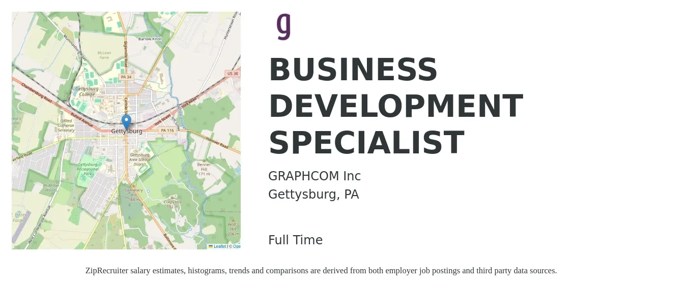 GRAPHCOM Inc job posting for a BUSINESS DEVELOPMENT SPECIALIST in Gettysburg, PA with a salary of $48,700 to $81,300 Yearly with a map of Gettysburg location.