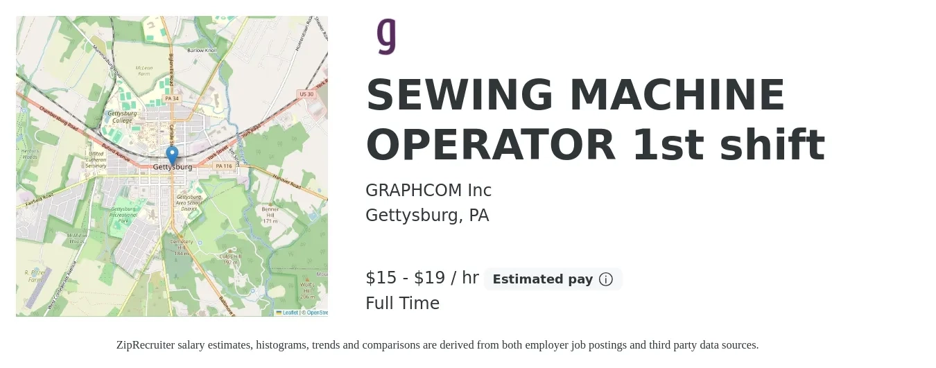 GRAPHCOM Inc job posting for a SEWING MACHINE OPERATOR 1st shift in Gettysburg, PA with a salary of $16 to $20 Hourly with a map of Gettysburg location.
