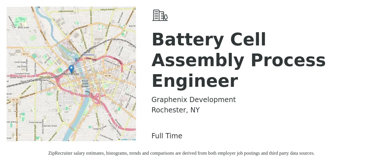 Graphenix Development job posting for a Battery Cell Assembly Process Engineer in Rochester, NY with a salary of $60,000 to $110,000 Yearly with a map of Rochester location.