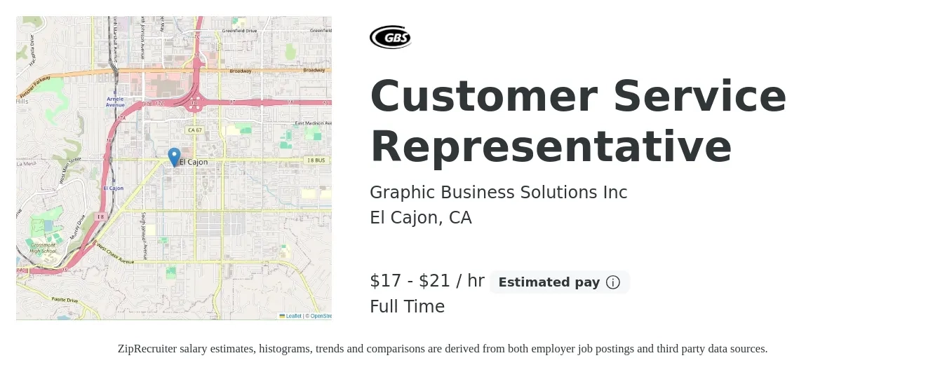 Graphic Business Solutions Inc job posting for a Customer Service Representative in El Cajon, CA with a salary of $18 to $22 Hourly with a map of El Cajon location.