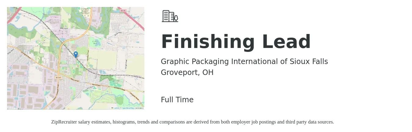 Graphic Packaging International of Sioux Falls job posting for a Finishing Lead in Groveport, OH with a salary of $18 to $25 Hourly with a map of Groveport location.