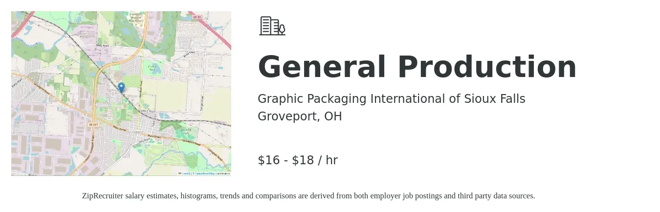 Graphic Packaging International of Sioux Falls job posting for a General Production in Groveport, OH with a salary of $17 to $19 Hourly with a map of Groveport location.