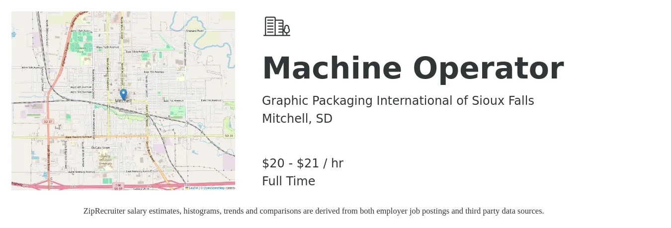 Graphic Packaging International of Sioux Falls job posting for a Machine Operator in Mitchell, SD with a salary of $21 to $22 Hourly with a map of Mitchell location.