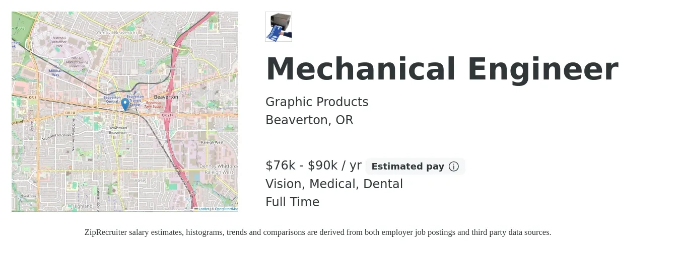 Graphic Products job posting for a Mechanical Engineer in Beaverton, OR with a salary of $76,000 to $90,000 Yearly and benefits including vision, dental, life_insurance, and medical with a map of Beaverton location.