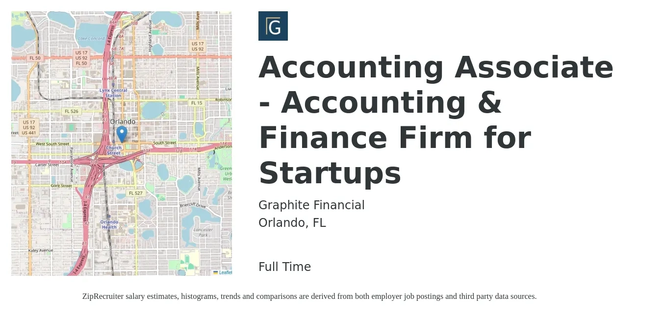 Graphite Financial job posting for a Accounting Associate - Accounting & Finance Firm for Startups in Orlando, FL with a salary of $50,000 to $62,000 Yearly with a map of Orlando location.
