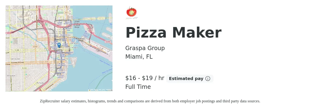 Graspa Group job posting for a Pizza Maker in Miami, FL with a salary of $16 to $20 Hourly with a map of Miami location.