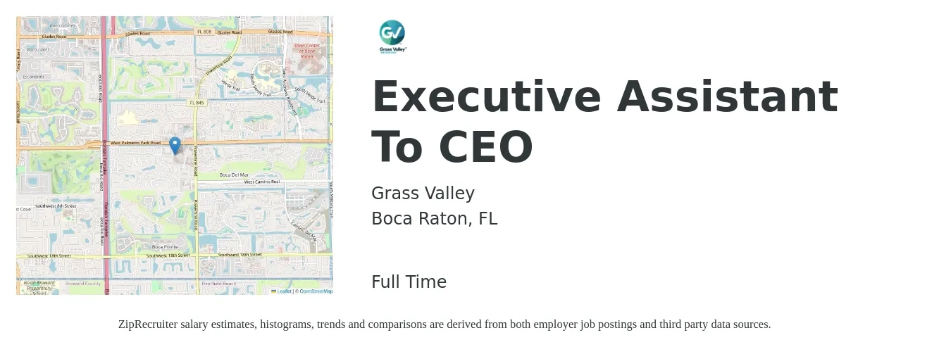 Grass Valley job posting for a Executive Assistant To CEO in Boca Raton, FL with a salary of $51,300 to $94,100 Yearly with a map of Boca Raton location.