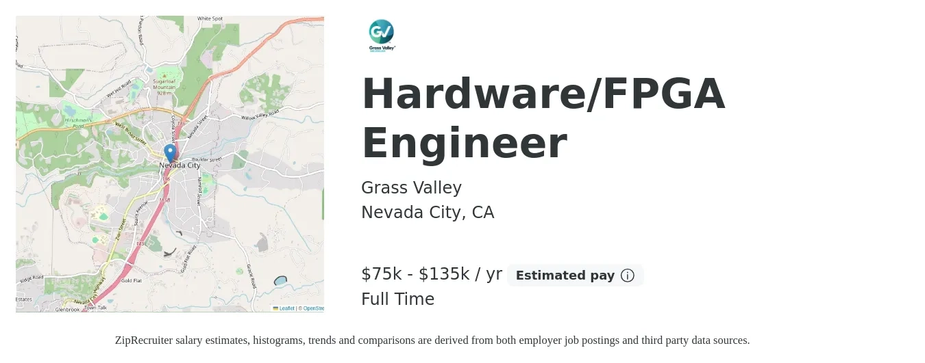 Grass Valley job posting for a Hardware/FPGA Engineer in Nevada City, CA with a salary of $75,000 to $135,000 Yearly with a map of Nevada City location.