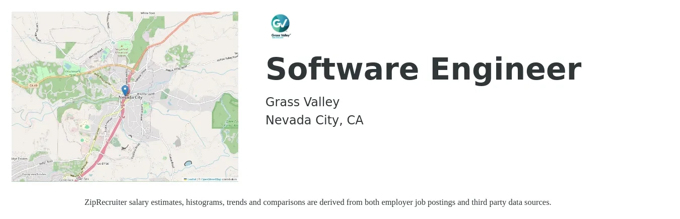 Grass Valley job posting for a Software Engineer in Nevada City, CA with a salary of $75,000 to $135,000 Yearly with a map of Nevada City location.