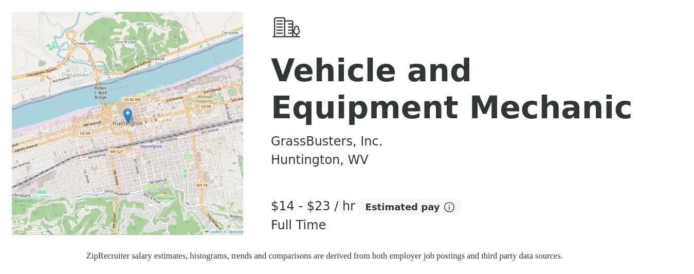 GrassBusters, Inc. job posting for a Vehicle and Equipment Mechanic in Huntington, WV with a salary of $15 to $24 Hourly with a map of Huntington location.
