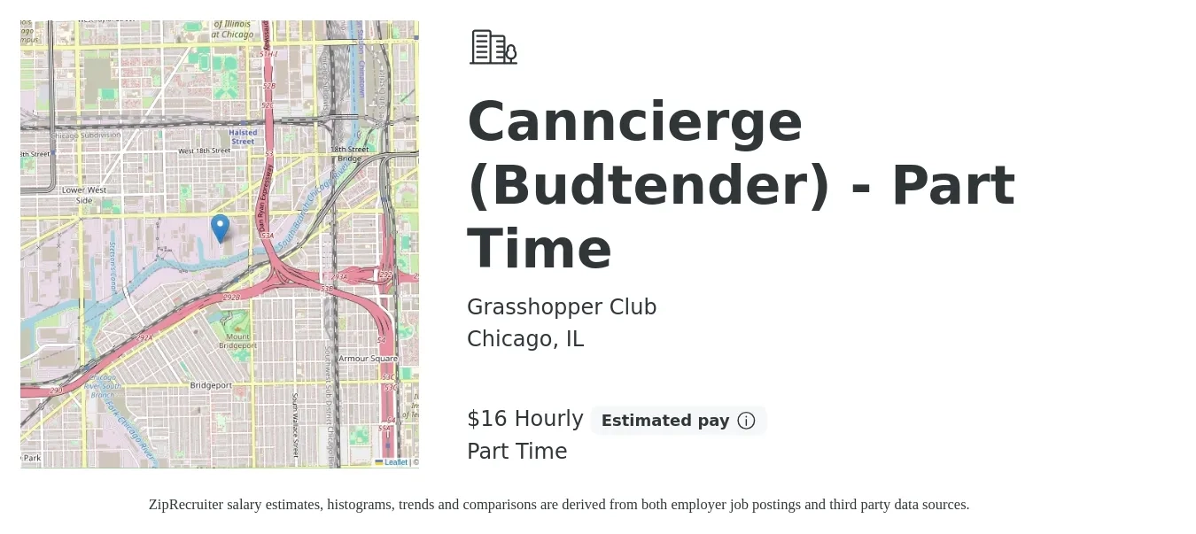 Grasshopper Club job posting for a Canncierge (Budtender) - Part Time in Chicago, IL with a salary of $17 Hourly with a map of Chicago location.