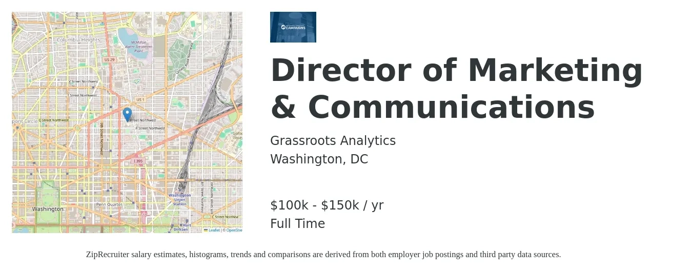 Grassroots Analytics job posting for a Director of Marketing & Communications in Washington, DC with a salary of $100,000 to $150,000 Yearly with a map of Washington location.