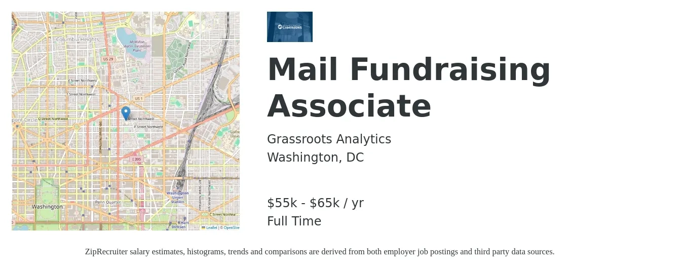 Grassroots Analytics job posting for a Mail Fundraising Associate in Washington, DC with a salary of $55,000 to $65,000 Yearly with a map of Washington location.