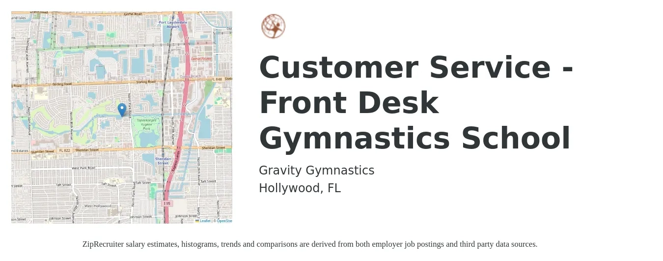 Gravity Gymnastics job posting for a Customer Service - Front Desk Gymnastics School in Hollywood, FL with a salary of $14 to $18 Hourly with a map of Hollywood location.