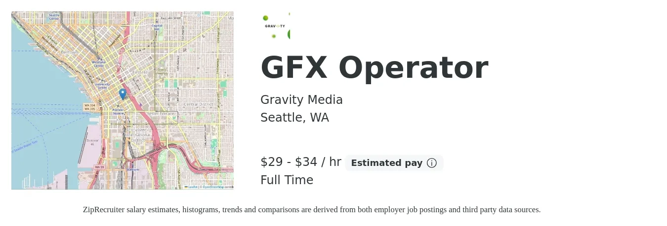 Gravity Media job posting for a GFX Operator in Seattle, WA with a salary of $31 to $36 Hourly with a map of Seattle location.