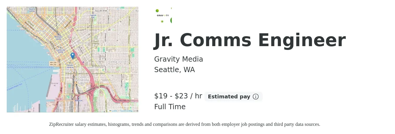 Gravity Media job posting for a Jr. Comms Engineer in Seattle, WA with a salary of $20 to $24 Hourly with a map of Seattle location.