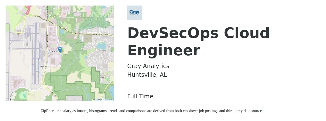 Gray Analytics job posting for a DevSecOps Cloud Engineer in Huntsville, AL with a salary of $52 to $69 Hourly with a map of Huntsville location.
