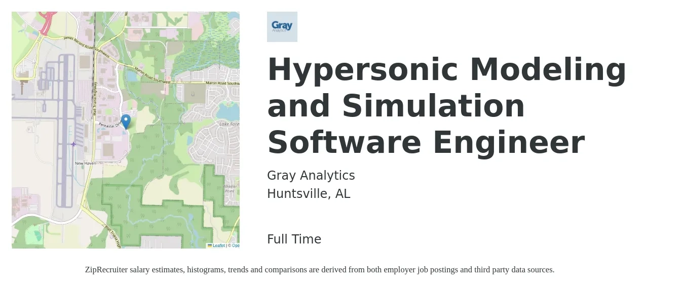 Gray Analytics job posting for a Hypersonic Modeling and Simulation Software Engineer in Huntsville, AL with a salary of $103,100 to $160,600 Yearly with a map of Huntsville location.