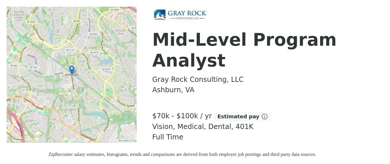 Gray Rock Consulting, LLC job posting for a Mid-Level Program Analyst in Ashburn, VA with a salary of $70,000 to $100,000 Yearly and benefits including life_insurance, medical, vision, 401k, and dental with a map of Ashburn location.