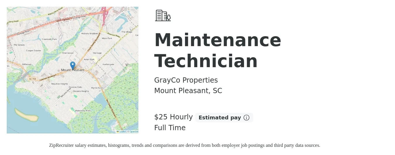 GrayCo Properties job posting for a Maintenance Technician in Mount Pleasant, SC with a salary of $26 Hourly with a map of Mount Pleasant location.