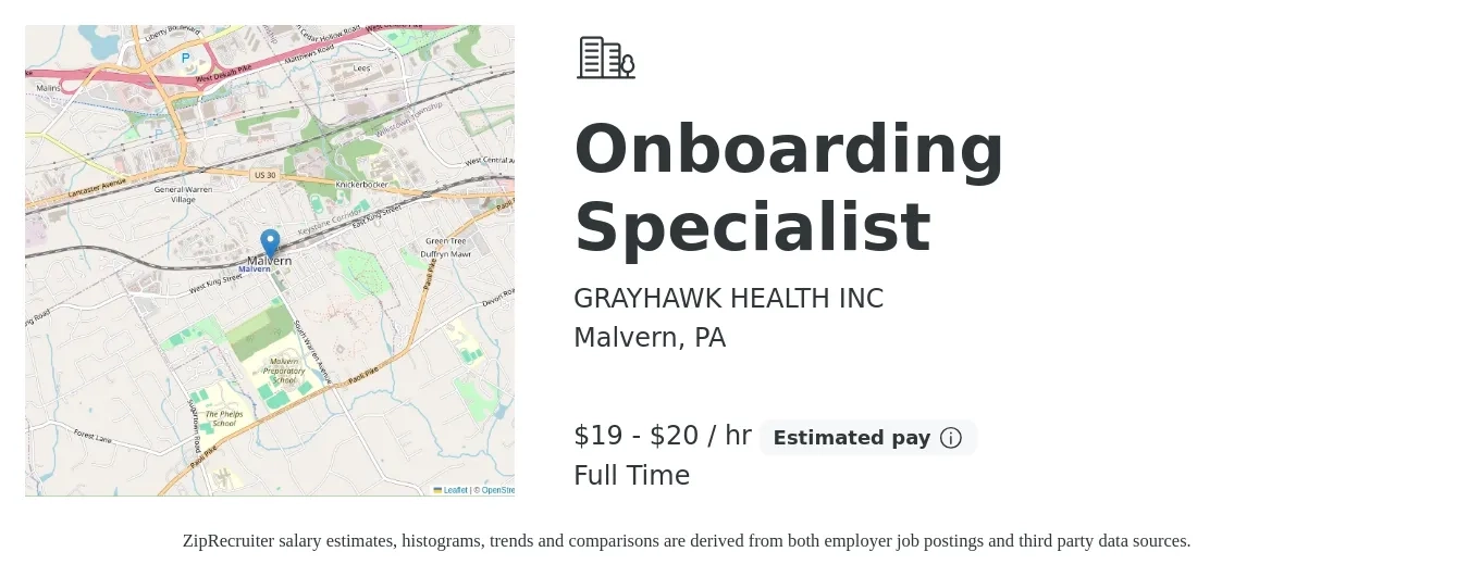 GRAYHAWK HEALTH INC job posting for a Onboarding Specialist in Malvern, PA with a salary of $20 to $21 Hourly with a map of Malvern location.