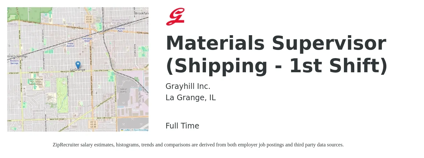 Grayhill Inc. job posting for a Materials Supervisor (Shipping - 1st Shift) in La Grange, IL with a salary of $20 to $33 Hourly with a map of La Grange location.