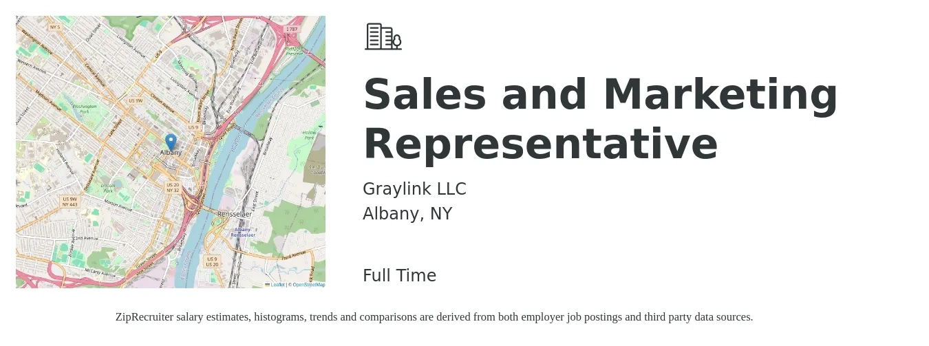 Graylink LLC job posting for a Sales and Marketing Representative in Albany, NY with a salary of $900 to $1,100 Weekly with a map of Albany location.