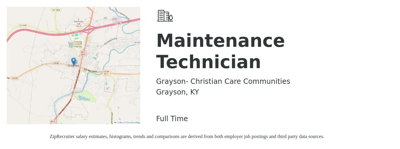 Grayson- Christian Care Communities job posting for a Maintenance Technician in Grayson, KY with a salary of $14 to $19 Hourly with a map of Grayson location.