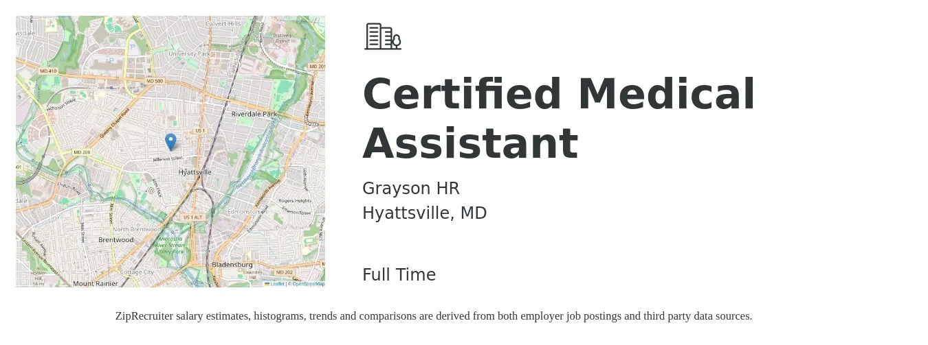 Grayson HR job posting for a Certified Medical Assistant in Hyattsville, MD with a salary of $17 Hourly with a map of Hyattsville location.