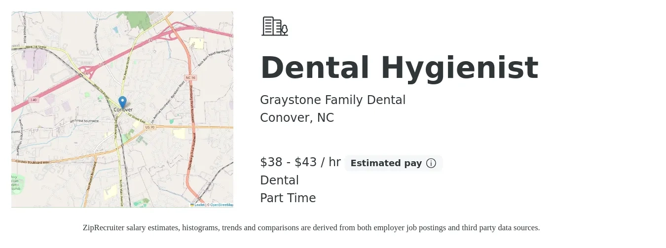 Graystone Family Dental job posting for a Dental Hygienist in Conover, NC with a salary of $40 to $45 Hourly and benefits including dental, and pto with a map of Conover location.