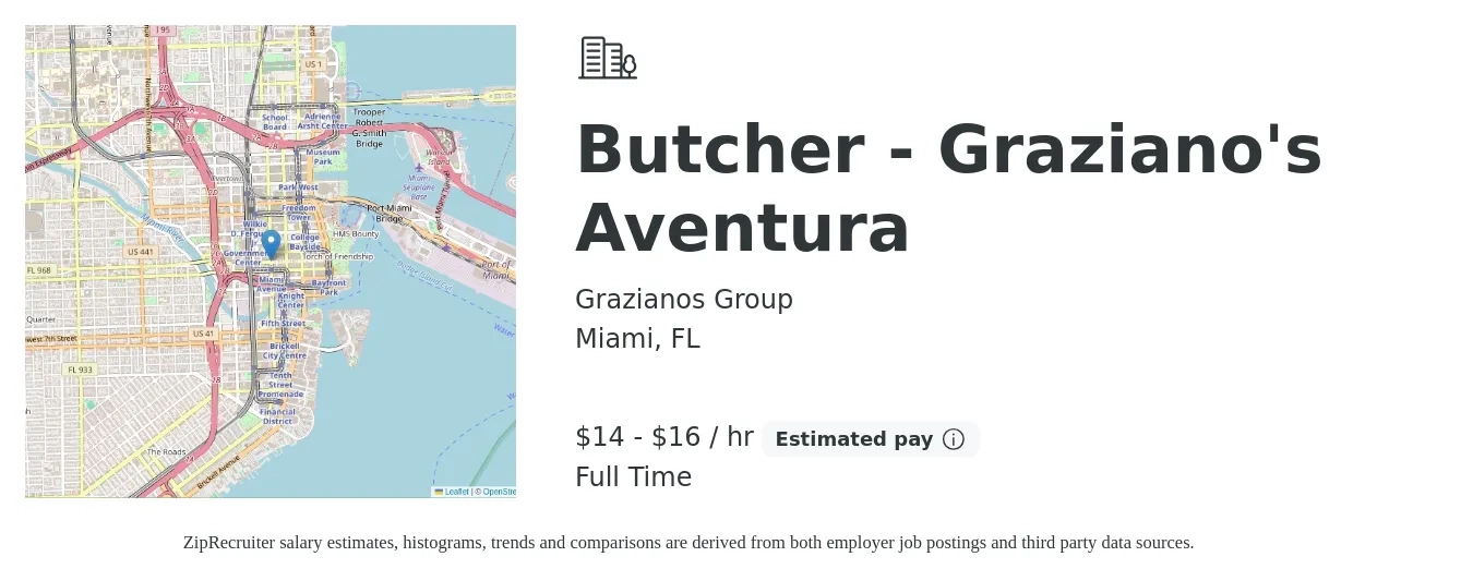 Grazianos Group job posting for a Butcher - Graziano's Aventura in Miami, FL with a salary of $15 to $17 Hourly with a map of Miami location.