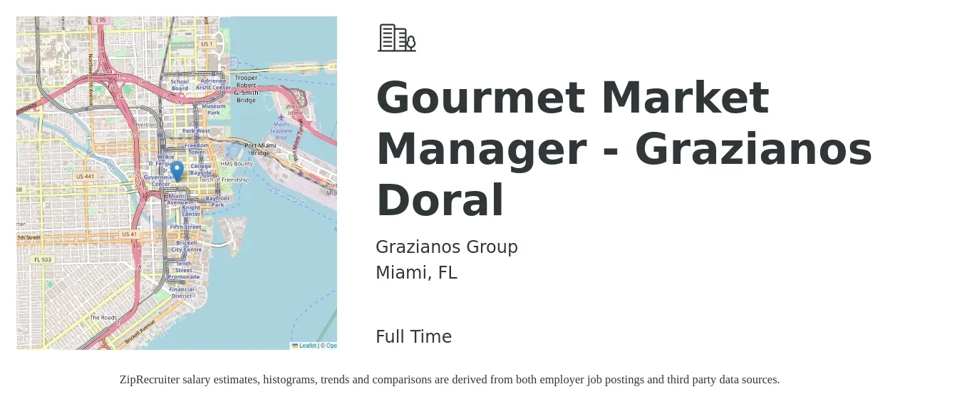 Grazianos Group job posting for a Gourmet Market Manager - Grazianos Doral in Miami, FL with a salary of $39,700 to $61,700 Yearly with a map of Miami location.