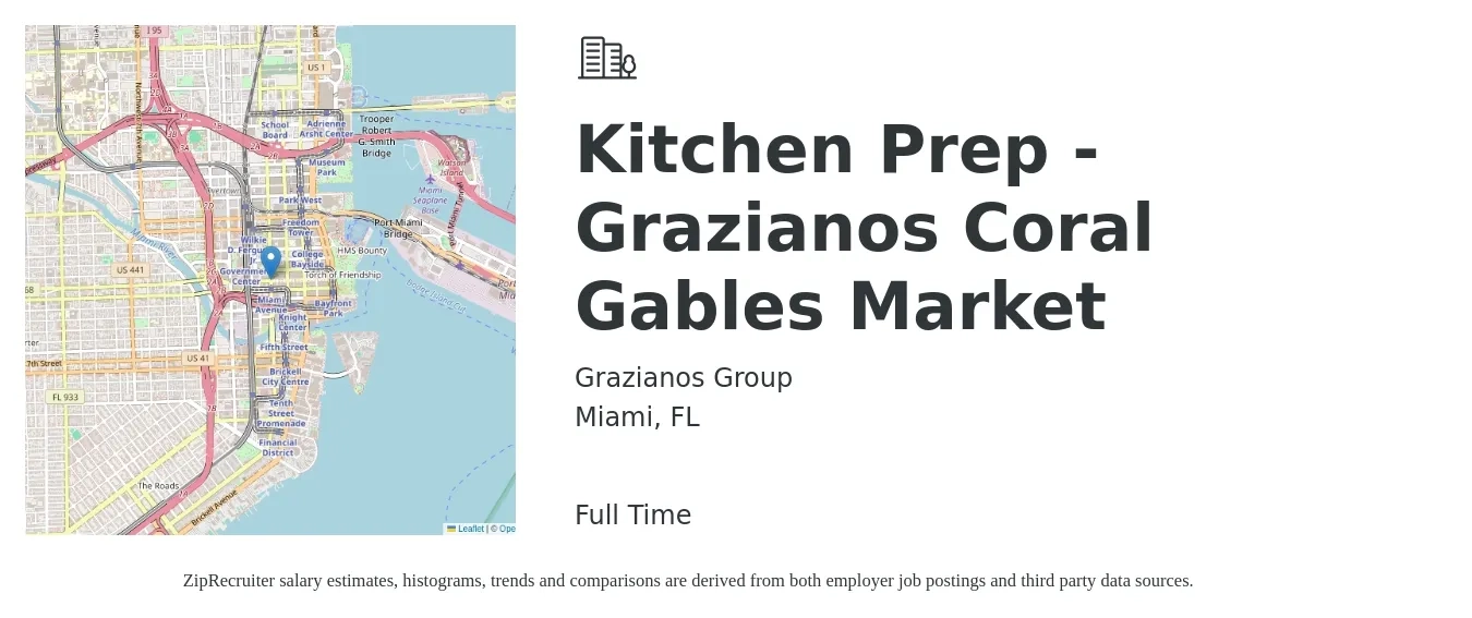 Grazianos Group job posting for a Kitchen Prep - Grazianos Coral Gables Market in Miami, FL with a salary of $14 to $17 Hourly with a map of Miami location.