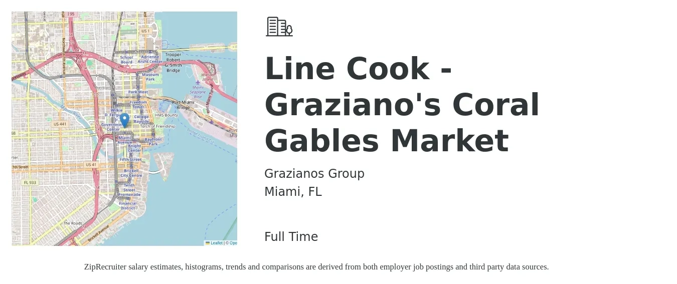 Grazianos Group job posting for a Line Cook - Graziano's Coral Gables Market in Miami, FL with a salary of $15 to $19 Hourly with a map of Miami location.