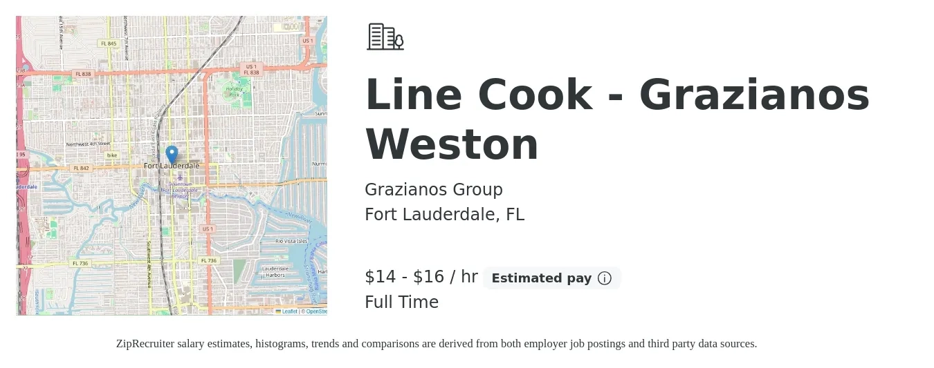 Grazianos Group job posting for a Line Cook - Grazianos Weston in Fort Lauderdale, FL with a salary of $15 to $17 Hourly with a map of Fort Lauderdale location.