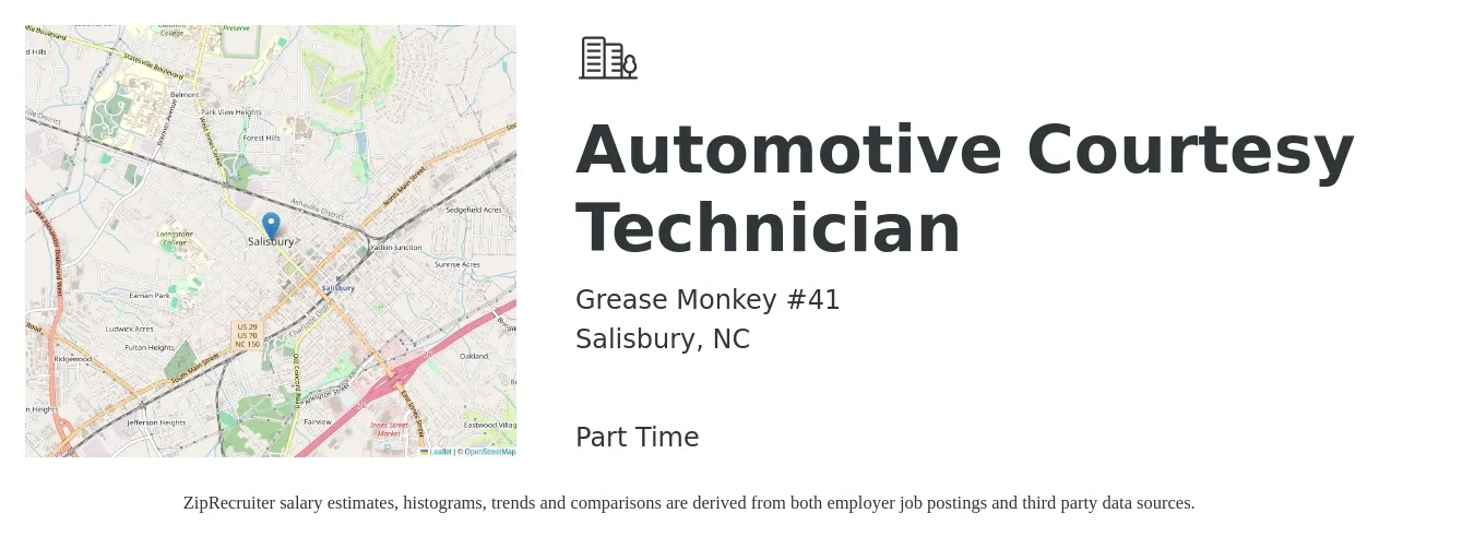 Grease Monkey #41 job posting for a Automotive Courtesy Technician in Salisbury, NC with a salary of $20 to $32 Hourly with a map of Salisbury location.