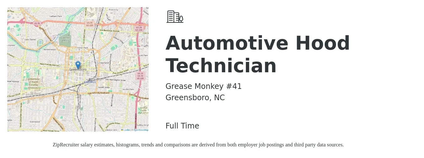 Grease Monkey #41 job posting for a Automotive Hood Technician in Greensboro, NC with a salary of $21 to $34 Hourly with a map of Greensboro location.