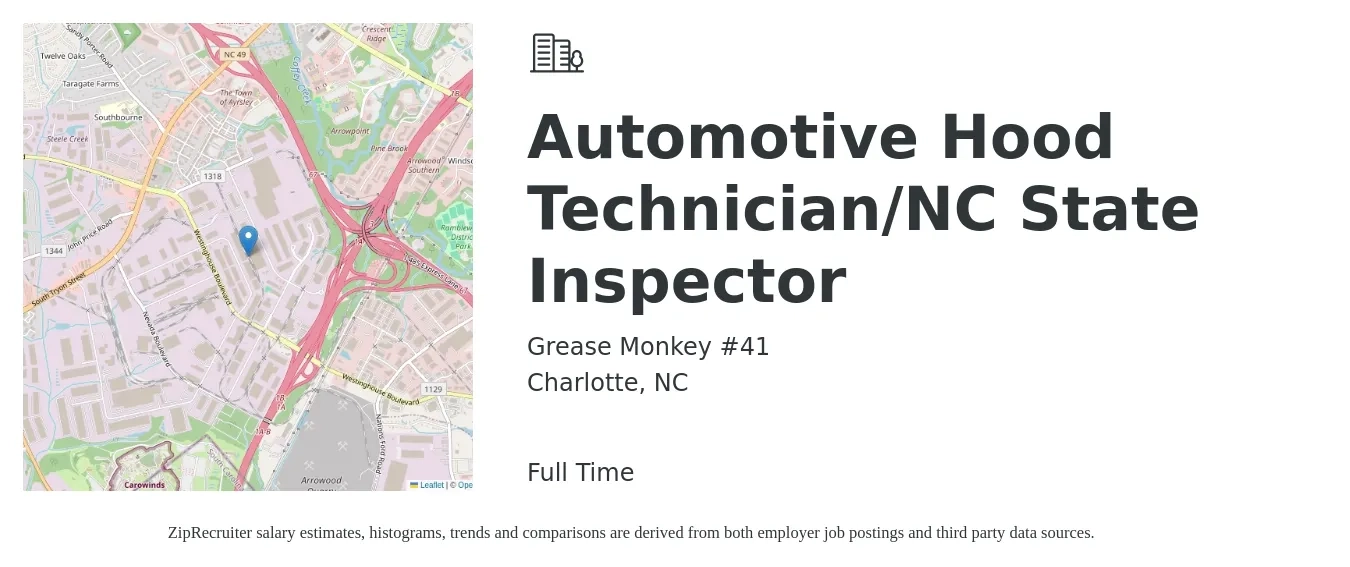 Grease Monkey #41 job posting for a Automotive Hood Technician/NC State Inspector in Charlotte, NC with a salary of $20 to $32 Hourly with a map of Charlotte location.