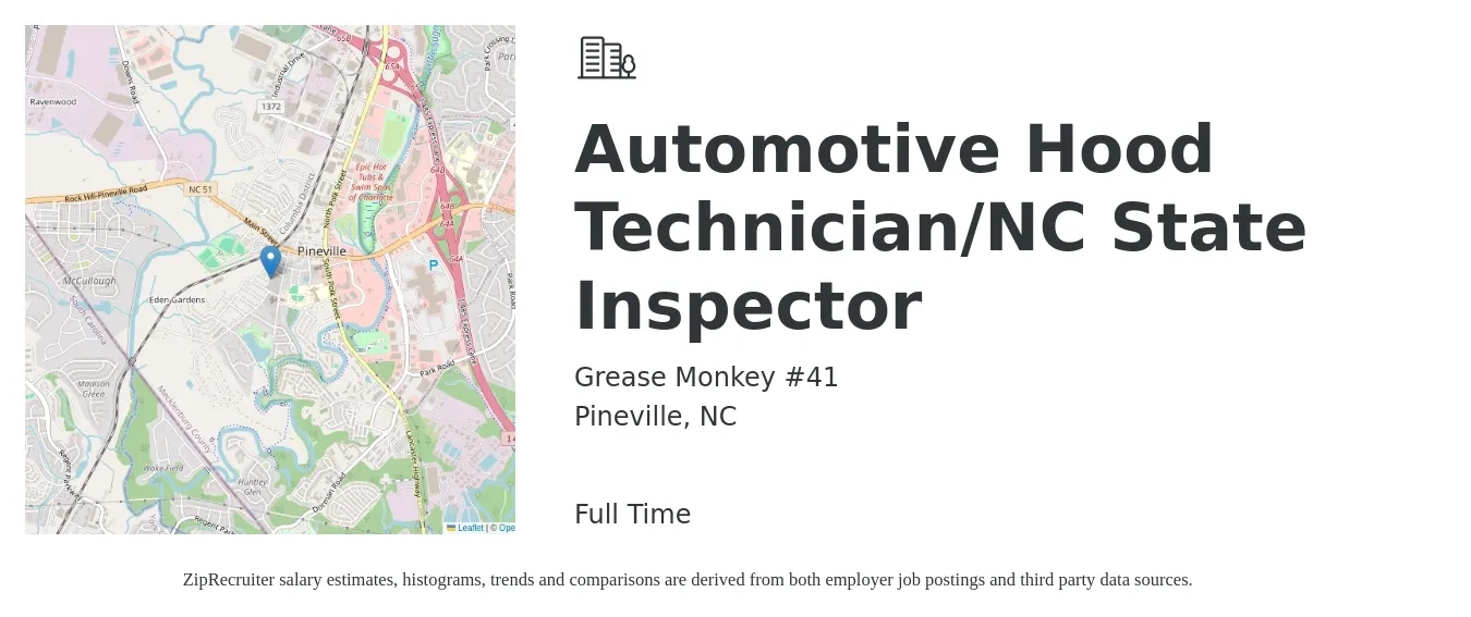 Grease Monkey #41 job posting for a Automotive Hood Technician/NC State Inspector in Pineville, NC with a salary of $21 to $33 Hourly with a map of Pineville location.