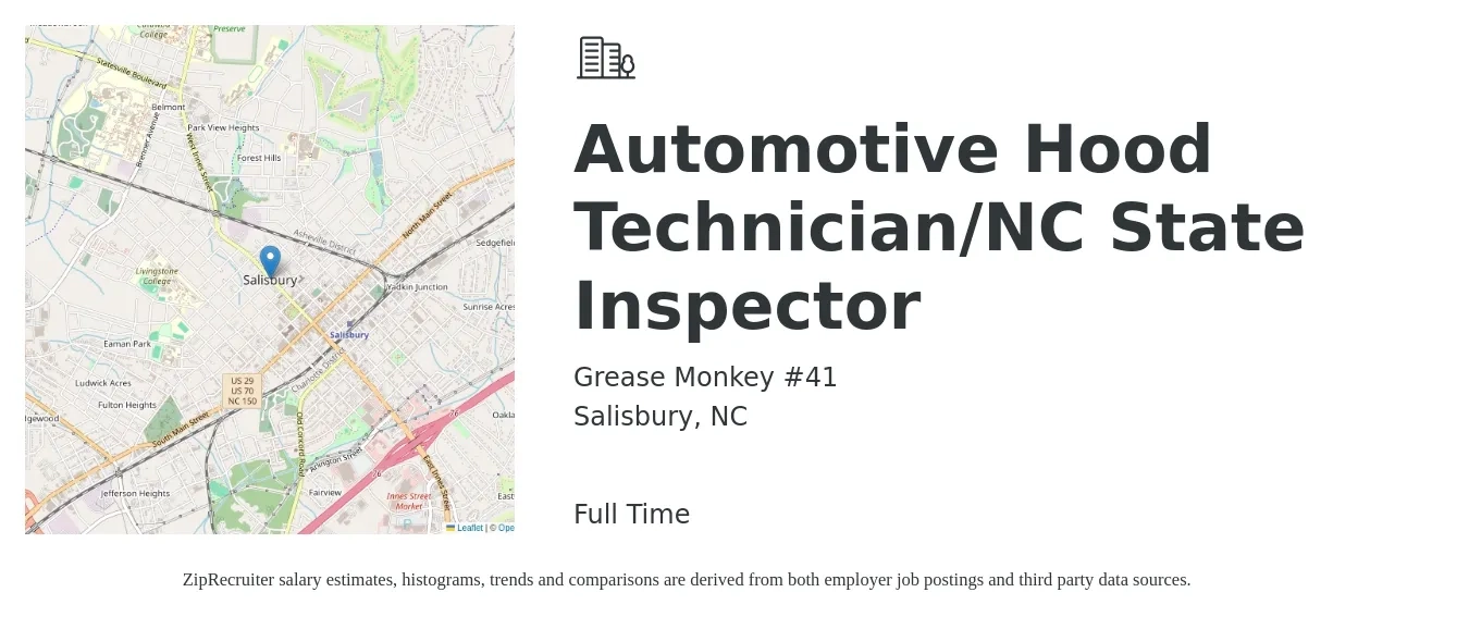 Grease Monkey #41 job posting for a Automotive Hood Technician/NC State Inspector in Salisbury, NC with a salary of $20 to $32 Hourly with a map of Salisbury location.
