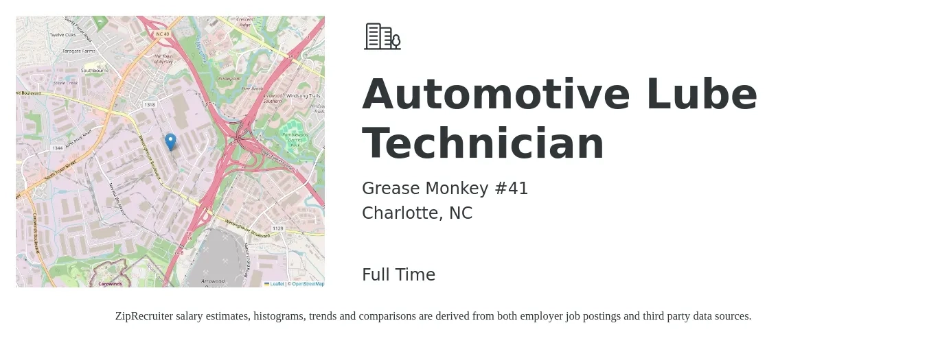 Grease Monkey #41 job posting for a Automotive Lube Technician in Charlotte, NC with a salary of $13 to $18 Hourly with a map of Charlotte location.
