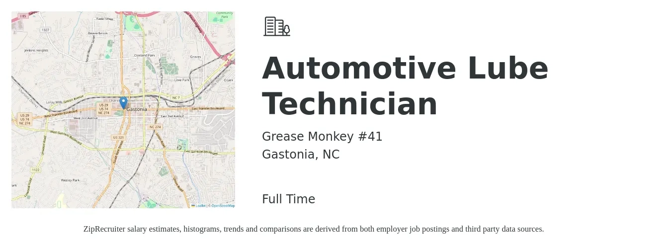 Grease Monkey #41 job posting for a Automotive Lube Technician in Gastonia, NC with a salary of $13 to $18 Hourly with a map of Gastonia location.