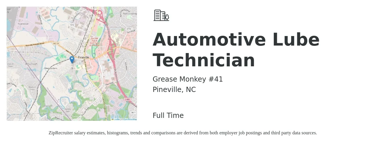 Grease Monkey #41 job posting for a Automotive Lube Technician in Pineville, NC with a salary of $13 to $18 Hourly with a map of Pineville location.