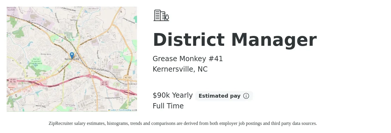 Grease Monkey #41 job posting for a District Manager in Kernersville, NC with a salary of $65,000 to $80,000 Yearly with a map of Kernersville location.