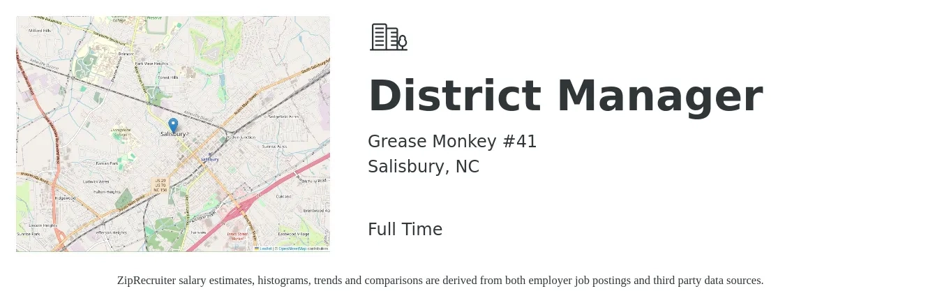 Grease Monkey #41 job posting for a District Manager in Salisbury, NC with a salary of $58,300 to $83,200 Yearly with a map of Salisbury location.