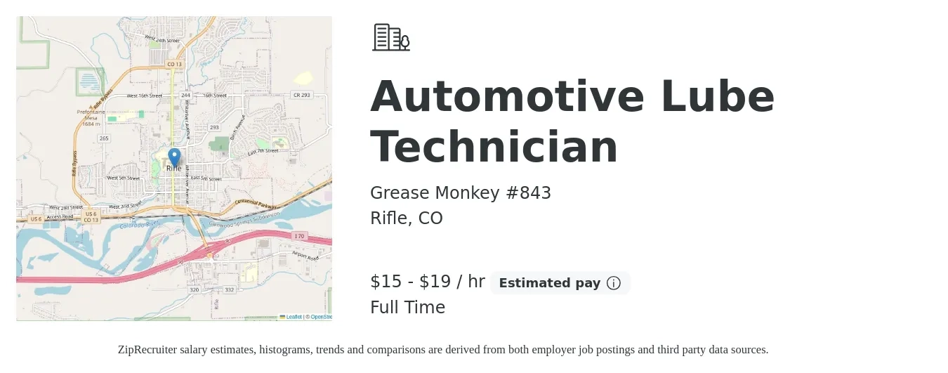 Grease Monkey #843 job posting for a Automotive Lube Technician in Rifle, CO with a salary of $16 to $20 Hourly with a map of Rifle location.