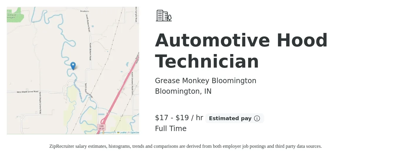 Grease Monkey Bloomington job posting for a Automotive Hood Technician in Bloomington, IN with a salary of $18 to $20 Hourly with a map of Bloomington location.