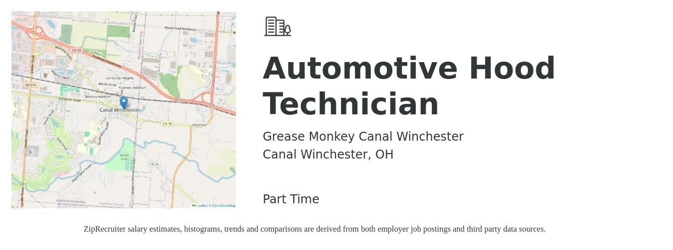 Grease Monkey Canal Winchester job posting for a Automotive Hood Technician in Canal Winchester, OH with a salary of $21 to $33 Hourly with a map of Canal Winchester location.