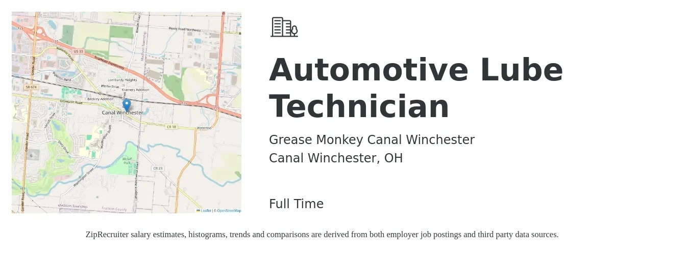 Grease Monkey Canal Winchester job posting for a Automotive Lube Technician in Canal Winchester, OH with a salary of $13 to $18 Hourly with a map of Canal Winchester location.